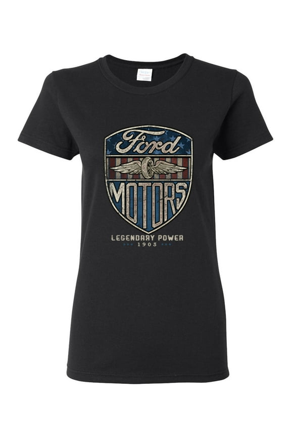 1983 Vintage Distressed Ford Motors Legendary Power Cars and Trucks Womens Graphic T-Shirt, Black, Small