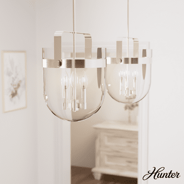 Hunter - Karloff 3-light Brushed Nickel, Medium Size Pendant Light, Dimmable, Casual Style, Urn Shaped, for Bedrooms, Kitchens, Dining, Living Rooms - 19830