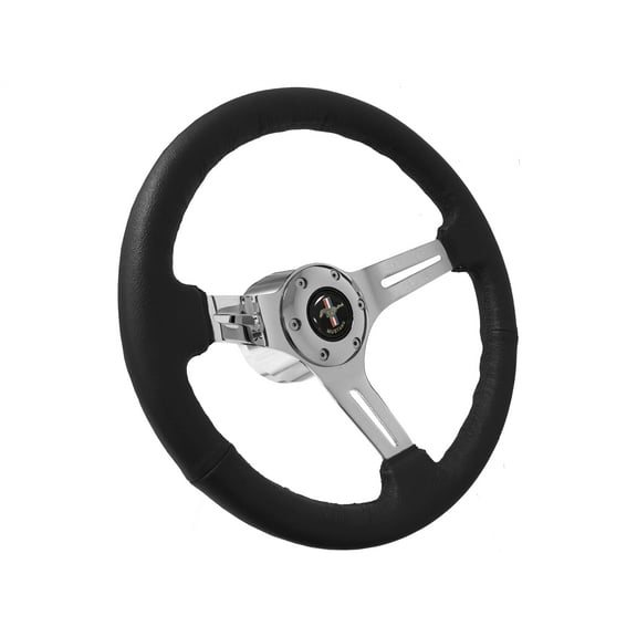 1984-04 Ford Mustang; VSW S6 Black Leather Wrapped Steering Wheel Chrome Kit with Running Pony Emblem