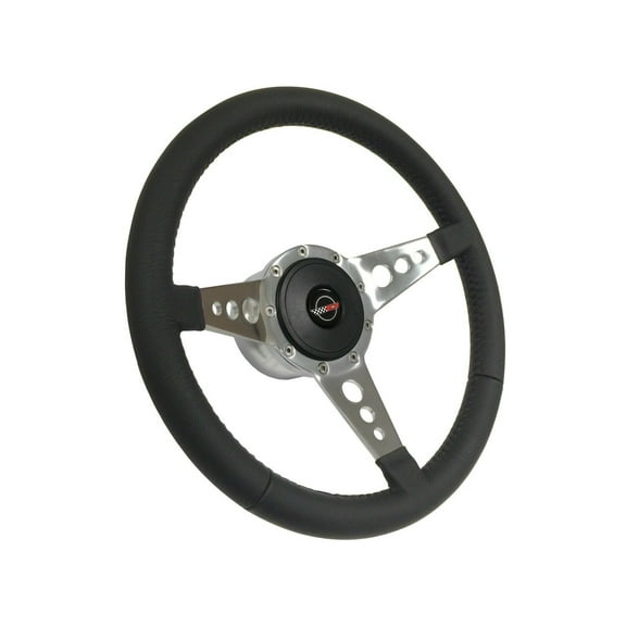1984-1989 C4 Corvette; VSW 9 Bolt Black Leather Wrapped Steering Wheel Telescopic Kit, 3 Spoke Holes, C4 Emblem