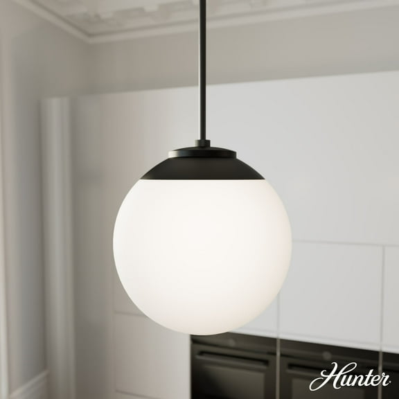 Hunter - Hepburn 1-light Matte Black, Medium Size Pendant Light, Dimmable, Mid Century Modern Style, Globe Shaped, for Bedrooms, Dining, Living Rooms - 19849