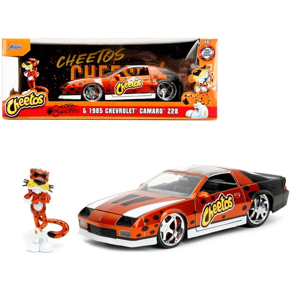 1985 Chevrolet Camaro Z/28 Orange Metallic with Graphics and Chester Cheetah Diecast Figure "Cheetos" "Hollywood Rides" Series 1/24 Diecast Model Car by Jada