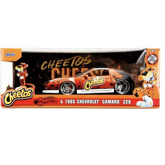 1985 Chevrolet Camaro Z-28 Orange Metallic with Graphics & Chester Cheetah Diecast Figure Cheetos Hollywood Rides Series 1-24 Diecast Model Car