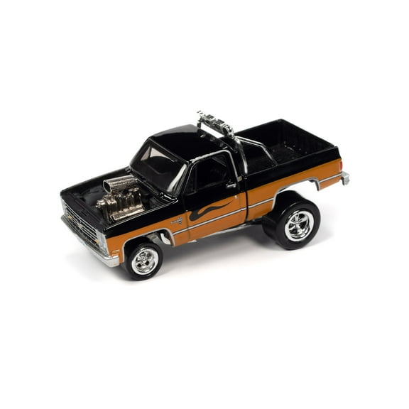 1985 Chevy Silverado, Gloss Black/Orange Metallic - Johnny Lightning JLSF023/48B - 1/64 Scale Diecast Model Car
