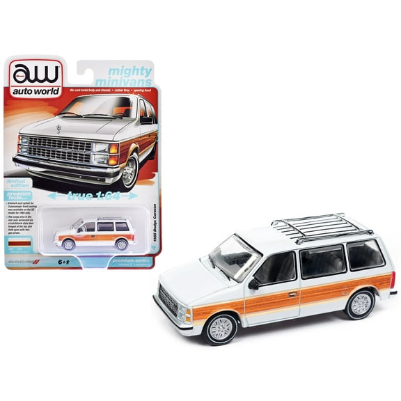 1985 Dodge Caravan Van White with Woodgrain Side Panels "Mighty Minivans" Series 1/64 Diecast Model Car by Auto World