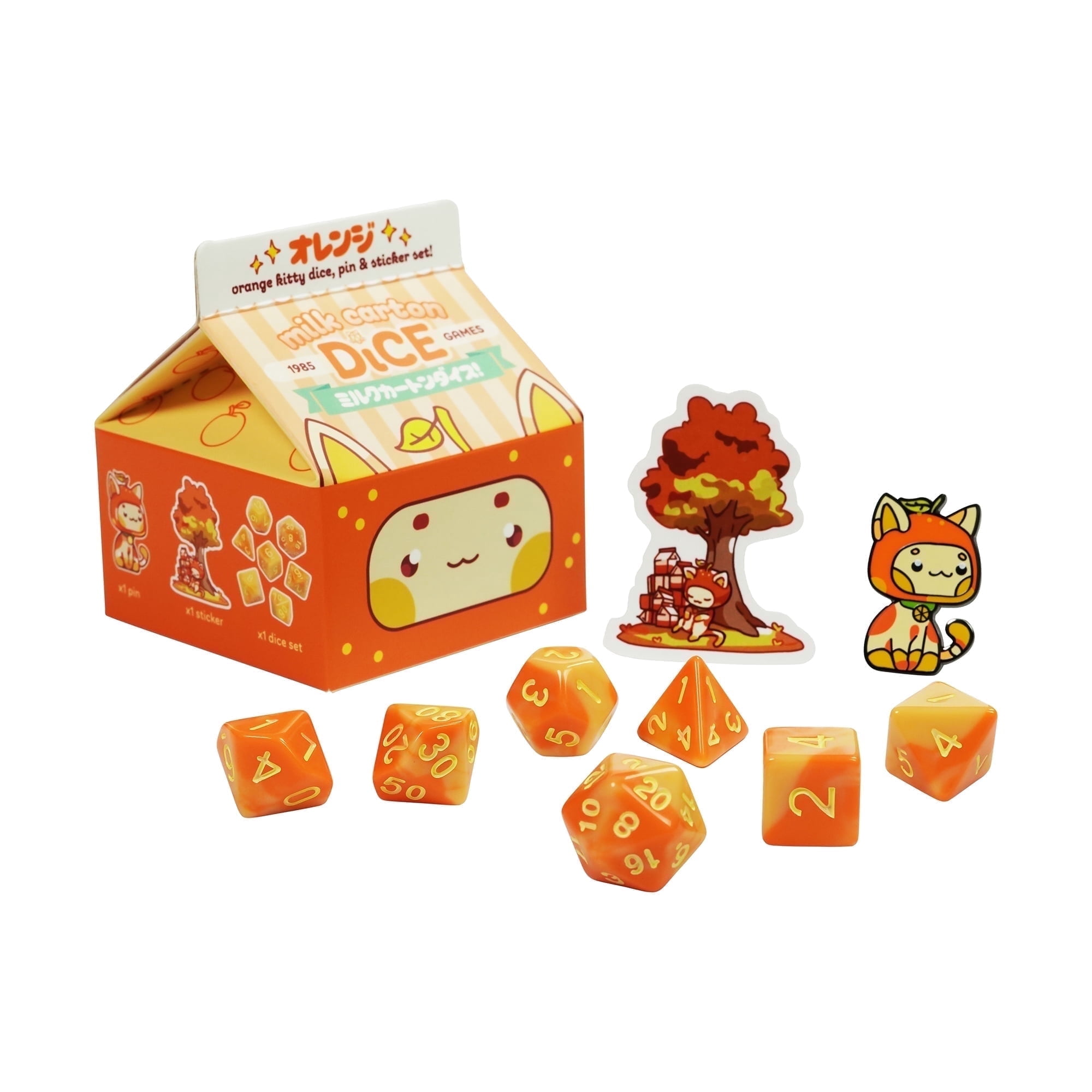 1985 Games Kawaii Cat Milk Carton Dice Set – Orange 7-Piece RPG