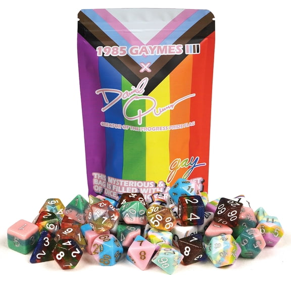 1985 Games, Pride Mystery Dice, Durable Polyhedral Dice for DND, RPG & Tabletop Games, 7 pieces, with Pride Pin & Sticker