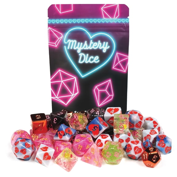 1985 Games Sweetheart Mystery Dice, Romantic Polyhedral RPG Dice for DND, Adult, 7 Pieces, with Pin and Stickers