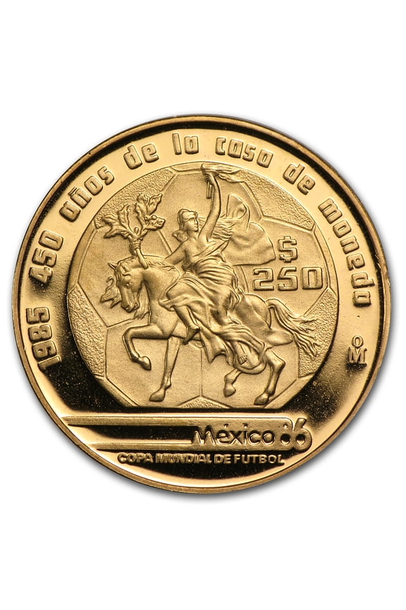 1985 Mexico Proof Gold 250 Pesos World Cup Caballito Design