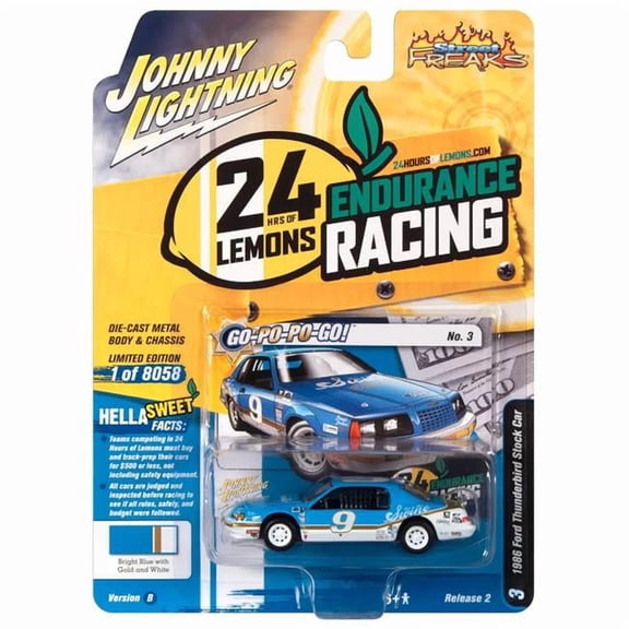 1986 Ford Thunderbird Stock Car No.9 Go-Po-Po-Go 24 Hours of Lemons Street Freaks to Worldwide 1 by 64 Scale Diecast Model Car, Bright Blue - 8058 Piece