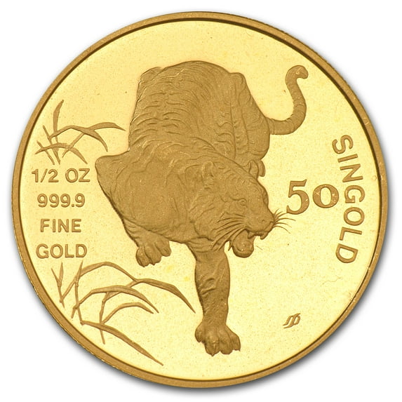1986 Singapore 1/2 oz Gold 50 Singold Tiger BU