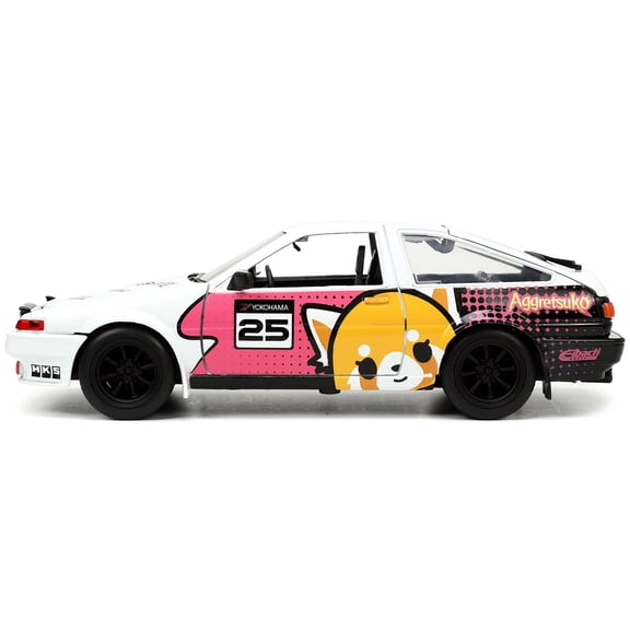 1986 Toyota Trueno (AE86) RHD (Right Hand Drive) #25 White with Graphics and Aggretsuko Diecast Figure "Aggretsuko" "Anime Hollywood Rides" Series 1/24 Diecast Model Car by Jada