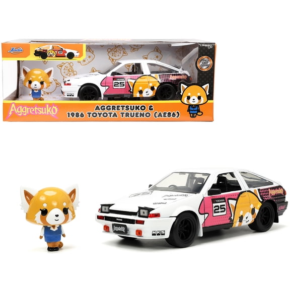 1986 Toyota Trueno (AE86) RHD (Right Hand Drive) #25 White with Graphics and Aggretsuko Diecast Figure "Aggretsuko" "Anime Hollywood Rides" Series 1/24 Diecast Model Car by Jada