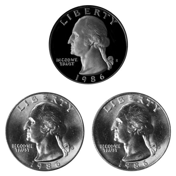 1986 Washington Quarter 25c Year Set - P, D and S Proof - 3-Coin U.S. Lot