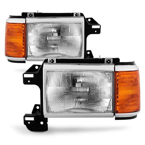 1987-1991 Ford Bronco F150 F250 Truck Headlights Chrome Trim Headlamps Pair Set
