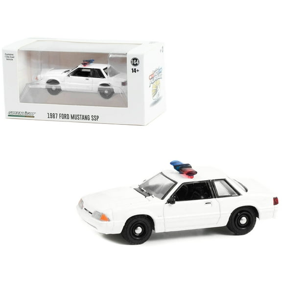 1987-1993 Ford Mustang SSP White Police Car w/Light Bar "Hot Pursuit" "Hobby Exclusive" 1/64 Diecast Model Car by Greenlight