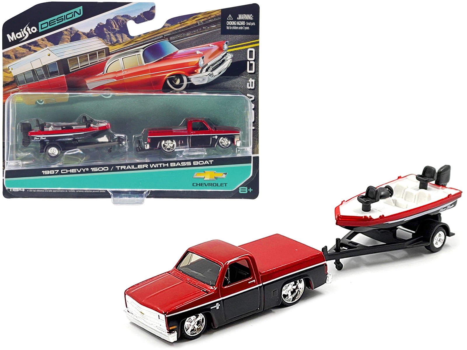 1987 Chevrolet 1500 Pickup Truck Candy Red and Black and Bass Boat with Trailer Red and Black Tow Go Series 1 64 Diecast Model Car by Maisto Walmart