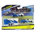 thumbnail image 1 of 1987 Chevrolet 1500 Truck White w/Blue Graphics & 2019 Subaru BRZ White w/Graphics w/Trailer 1/64 Diecast Model Car by Maisto, 1 of 3