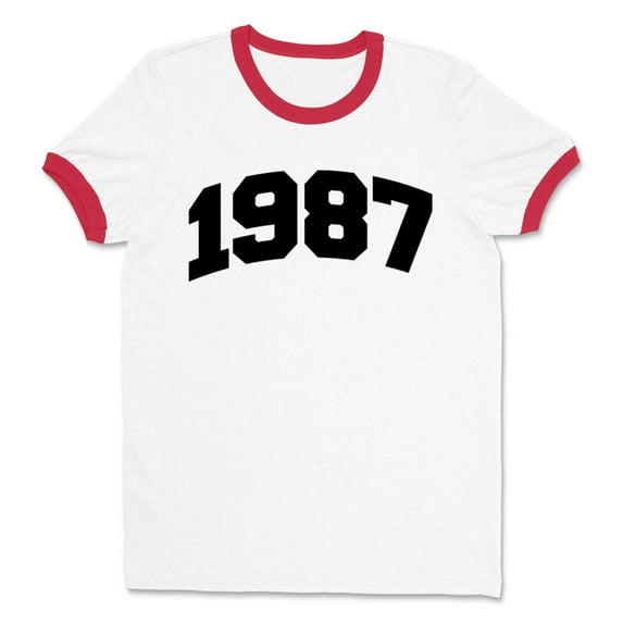 1987 College Style Ringer Tee Shirt Unisex Medium White/Red