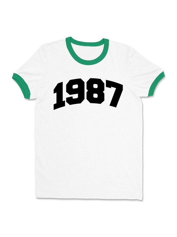 1987 College Style Ringer Tee Shirt Unisex Small White/Kelly Green
