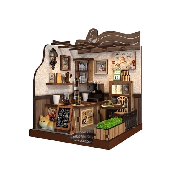 1987 Country Caf DIY Miniature House Kit, Vintage Coffee Shop Diorama with Warm LED Lights, Handmade Hobby Decor