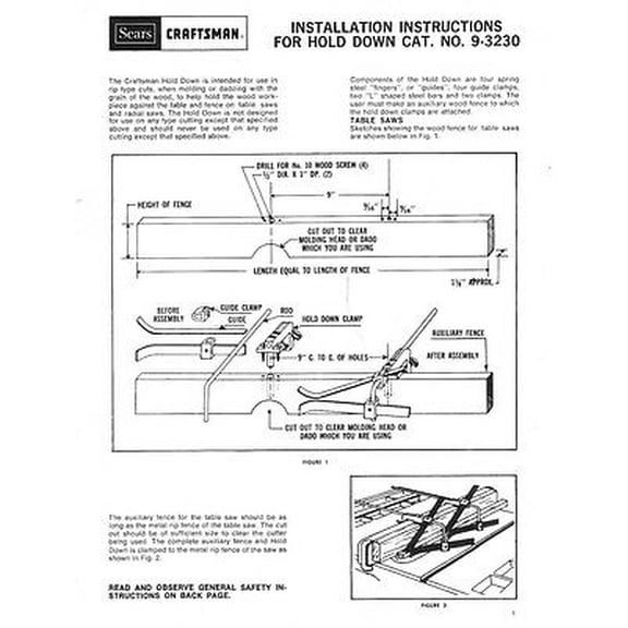 1987 Craftsman 9-3230 Installation Instructions For Hold Down Instructions REPRINT