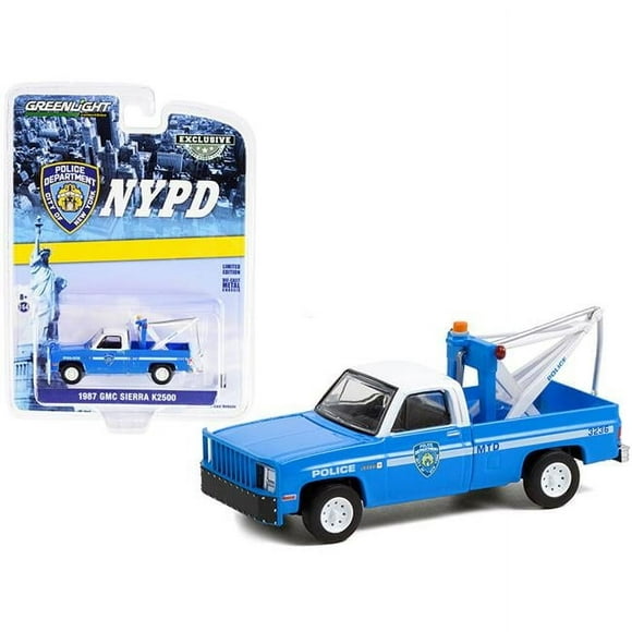 1987 GMC Sierra K2500 Tow Truck with Drop in Tow Hook Blue with White Top New York City Police Dept NYPD Hobby Exclusive 1-64 Scale Diecast Model Car