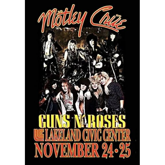1987 Guns N Roses Motley Crue Concert Poster Wall Art Print Grainy Vintage Rock 24 x 36 Inch Poster