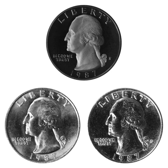 1987 Washington Quarter 25c Year Set - P, D and S Proof - 3-Coin U.S. Lot