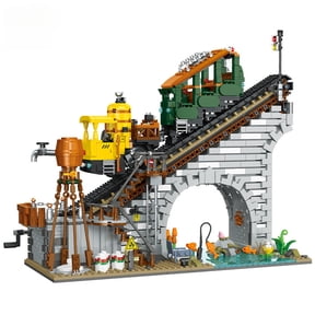 1987PCS Vintage Mining Railway Arch Bridge Building Blocks, Industrial Hillside Train Modular Collectible Brick Model