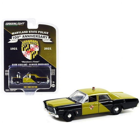 Greenlight 28080A 3.25 in. 1-64 Scale Custom Maryland State Police 100th Anniversary 1967 Ford Diecast Model Car, Green & Black