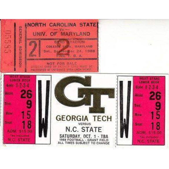 1988 North Carolina St Wolfpack Football 2 road game ticket stubs