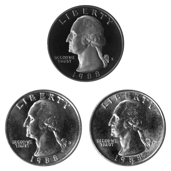 1988 Washington Quarter 25c Year Set - P, D and S Proof - 3-Coin U.S. Lot