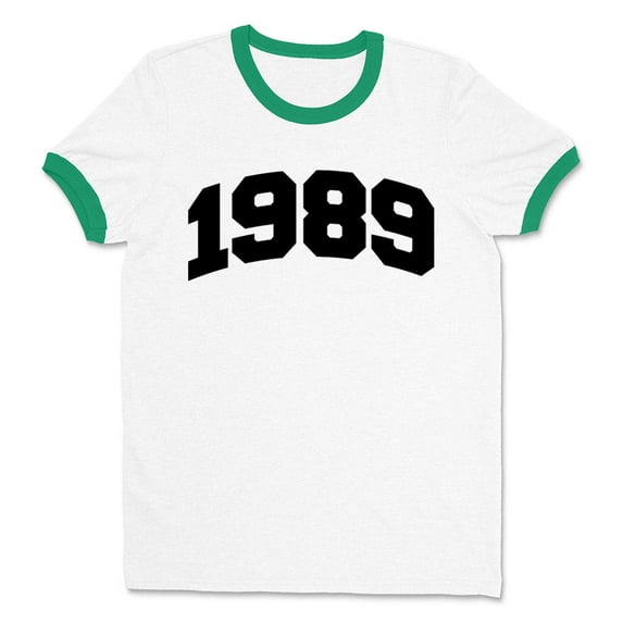 1989 College Style Ringer Tee Shirt Unisex Medium White/Kelly Green