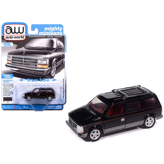 1989 Dodge Caravan Turbo Van Black with Red Stripes and Interior "Mighty Minivans" Series 1/64 Diecast Model Car by Auto World
