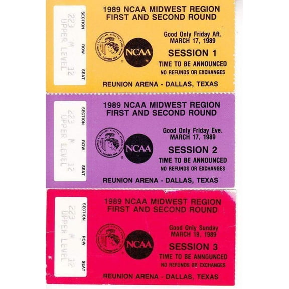 1989 NCAA Tournament Midwest Regional Dallas 1st 2nd Round ticket stubs