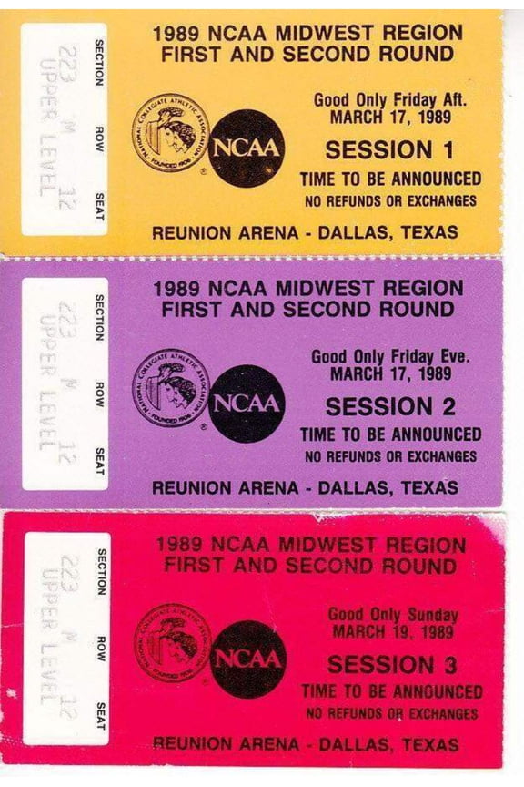 1989 NCAA Tournament Midwest Regional Dallas 1st 2nd Round ticket stubs