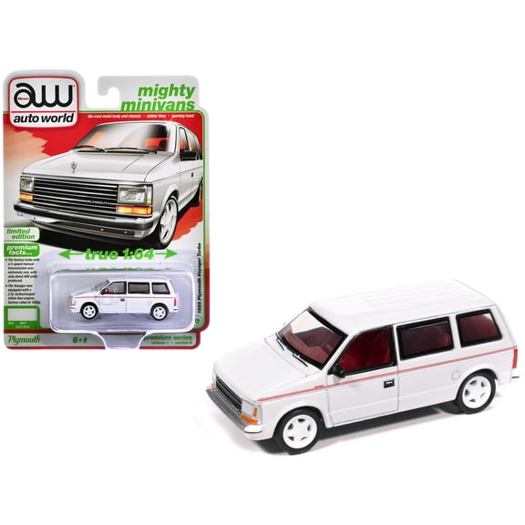 1989 Plymouth Voyager Turbo Van Bright White with Red Stripes & Interior "Mighty Minivans" 1/64 Diecast Model Car by Auto World