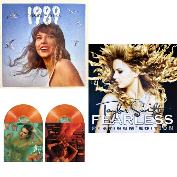 1989 (Taylor's Version) (2LP/Crystal Skies Blue Vinyl) & Life Of A Showgirl (X) (Sweat & Vanilla Perfume Portofino Orange Glitter LP Vinyl) & Fearless Platinum Edition