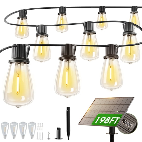 198FT Solar LED String Lights IP54 Waterproof - ST38 Shatterproof Edison Bulbs, Remote Control, Dimmable, Dusk to Dawn, 4400mAh Solar Powered