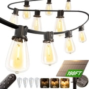 198FT Solar LED String Lights IP54 Waterproof With Remote Control- ST38 Shatterproof Edison Bulbs, Remote Control, Dimmable, Dusk to Dawn, 2200mAh Solar Powered