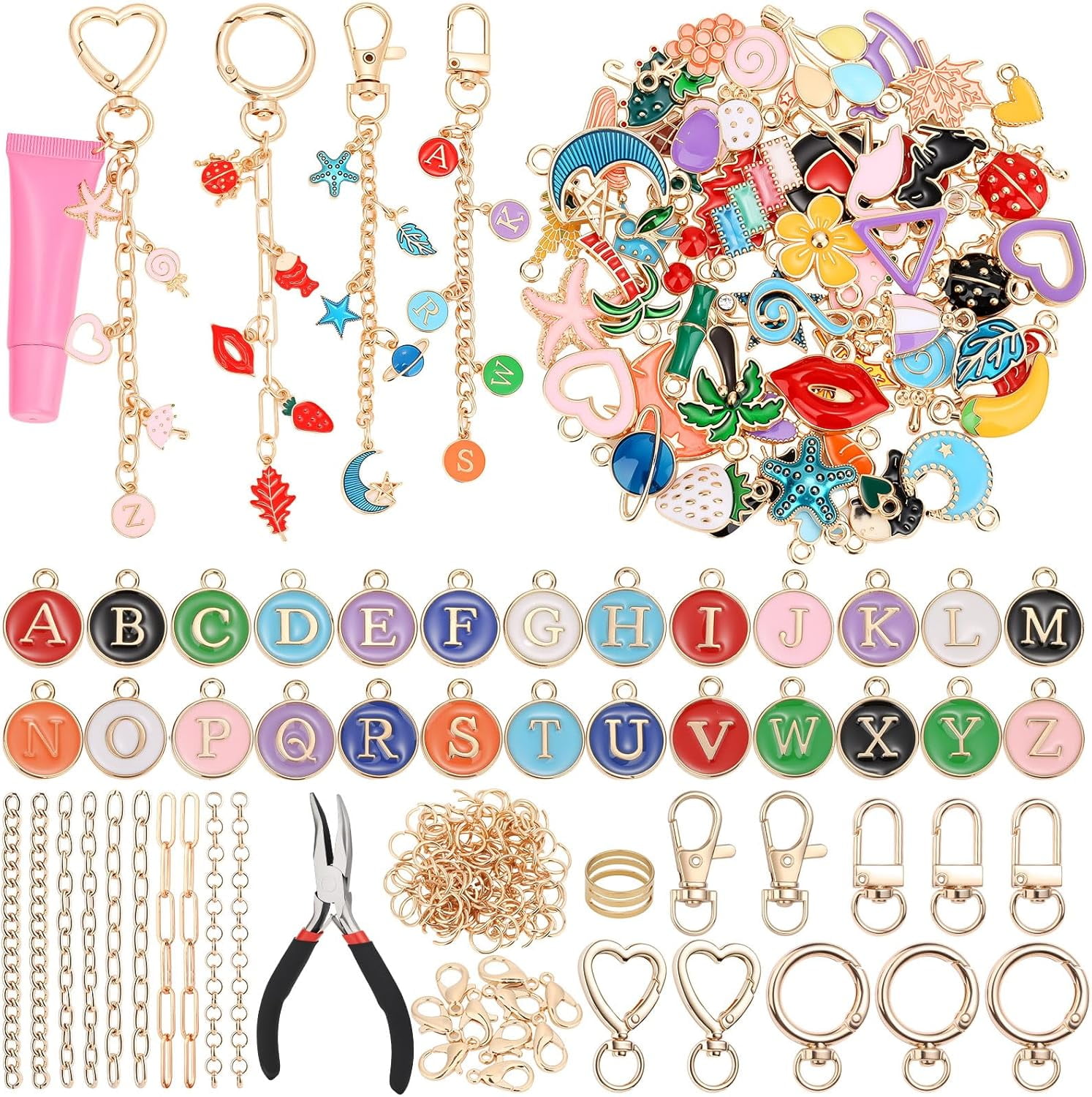 198Pcs Charms Lip Gloss Keychain Making Kit, DIY Craft Supplies with Charms, Key Chain Hooks, Jump Rings, Lobster Clasps, Chains & Tools, Jewelry Making Kit for Custom Keychains, Bags, Gifts