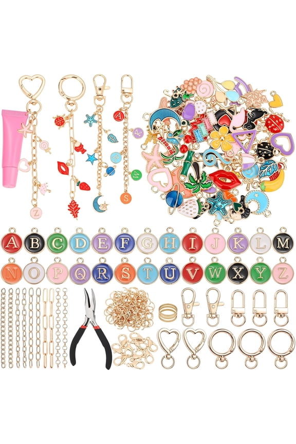 198Pcs Charms Lip Gloss Keychain Making Kit, DIY Craft Supplies with Charms, Key Chain Hooks, Jump Rings, Lobster Clasps, Chains & Tools, Jewelry Making Kit for Custom Keychains, Bags, Gifts