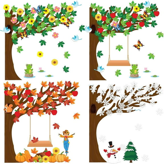 198Pcs Classroom Tree Bulletin Board Decor Seasonal Tree Summer Autumn Winter Spring Cutouts Border Set Four Seasons Chalkboard Wall Decorations for Kindergarten Elementary School Home