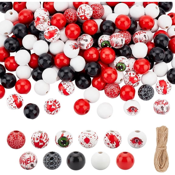 198Pcs Wood Beads Bloody Wooden Beads Wooden Eye Beads Spider Web Beads with Jute Cord Craft Wooden Bead Spacer Beads for DIY Bracelets Necklaces Jewelry Making