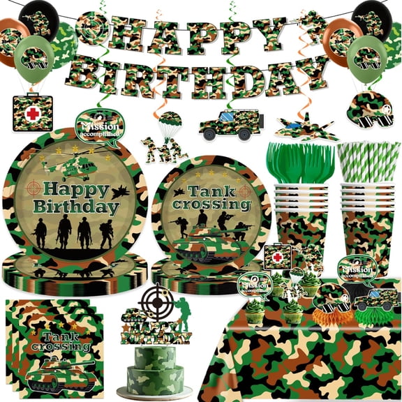 198pcs Army Birthday Party Decorations Include Camo Plates and Napkins Set, Banner, Hanging, Tablecloth, Balloon, Cupcake Topper, for Camouflage Hunting Military Theme Birthday Party, Serve 25 Y114