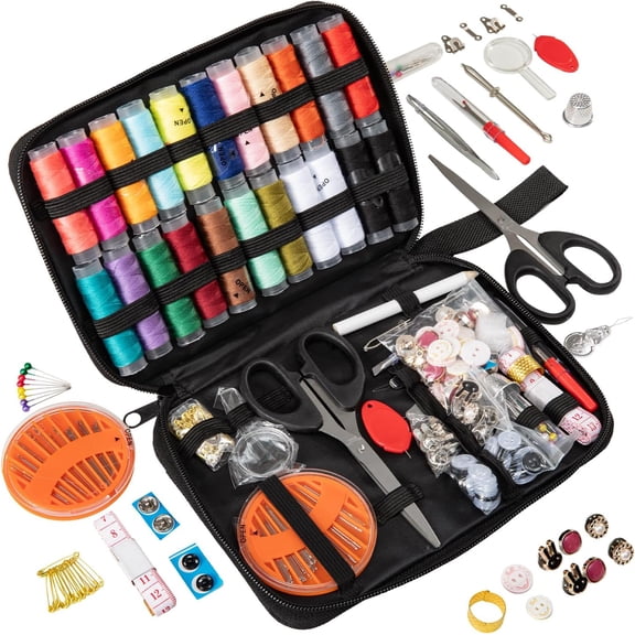 198pcs Sewing Kit for Adults Portable Travel Sewing Set,Dorm Room Essentials for Girls, Including Emergency Repair Tools Such as Needle and Thread, Scissors, Marker pens Needle and Thread kit (Black)