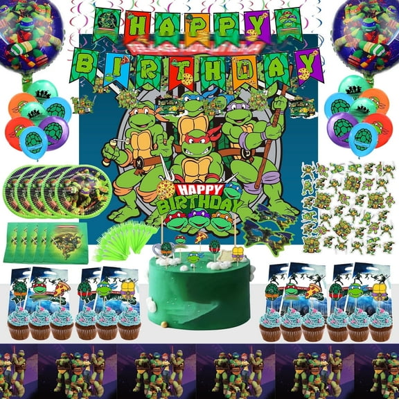 198pcs Turtle Birthday Party Supplies - Teenage Banner, Backdrop, Tablecloth, Tableware, Stickers, Cake Topper & More