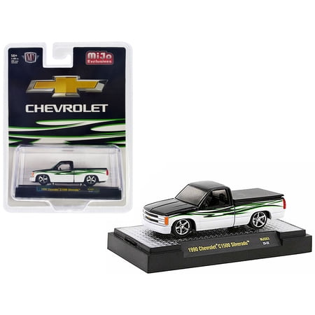 1990 Chevrolet C1500 Silverado Truck Black and White w/Graphics Limited Ed to 4400 pieces 1/64 Diecast Model Car by M2 Machines