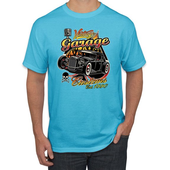 1990 Vintage Garage Customs Hot Rod Classic Car Cars and Trucks Men's Graphic T-Shirt, Light Turquoise, Large